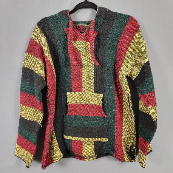 Baja Rasta Stripe Pullover Hoodie Multicolor Cotton Woven Sweater - Picture 1 of 7